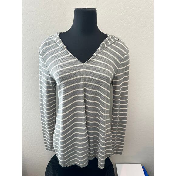 RAG POETS | Gray White Striped Waffle Knit Hoodie Pullover Top NWT | Size Large - Picture 2 of 8